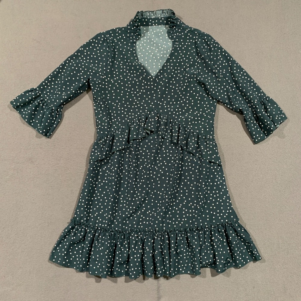 Forest Green Polka Dot Ruffle Dress Size Small V Neck 3/4 Sleeve Tiered Winter